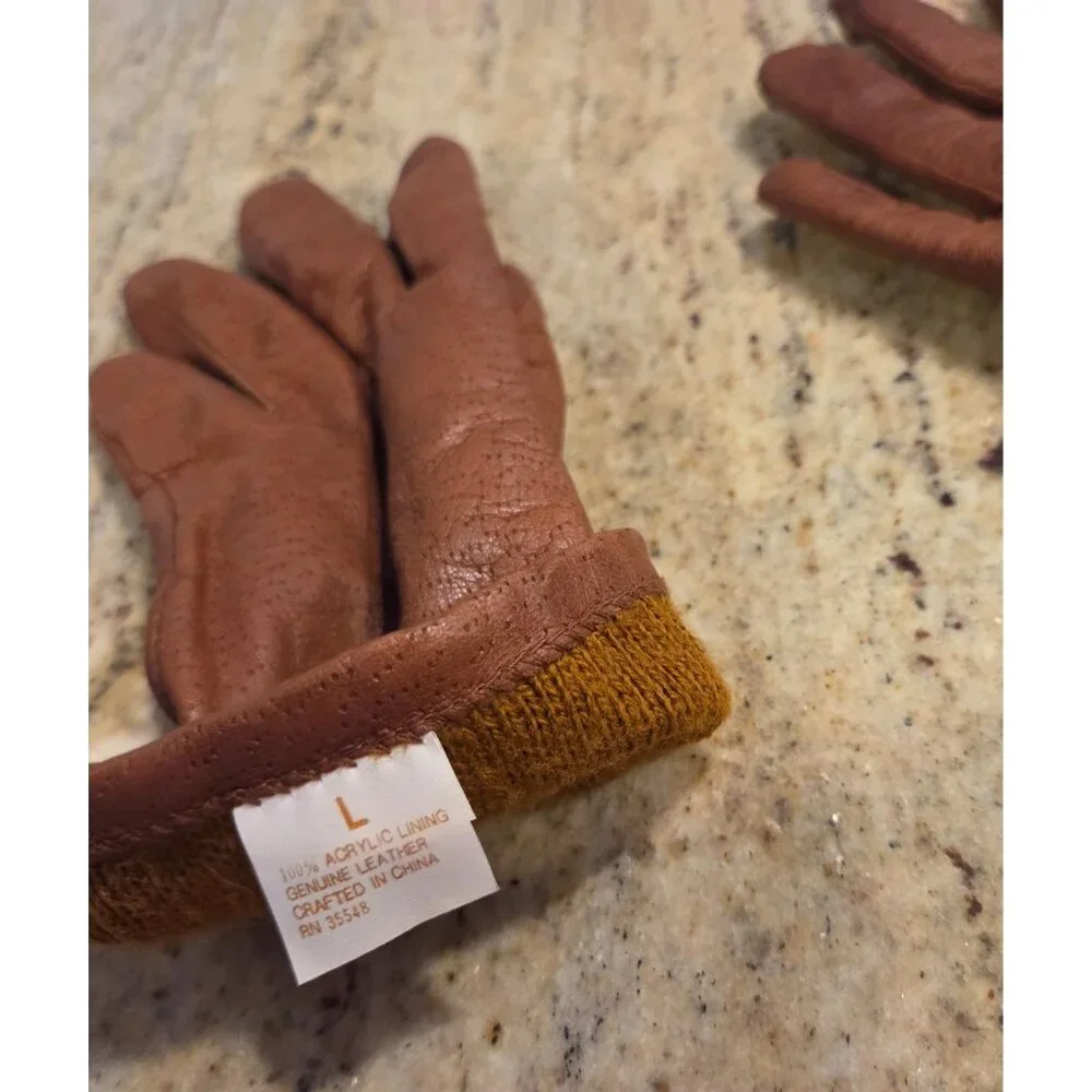 Vintage Womens Size L Brown Leather Knit Lined Gloves Perferated